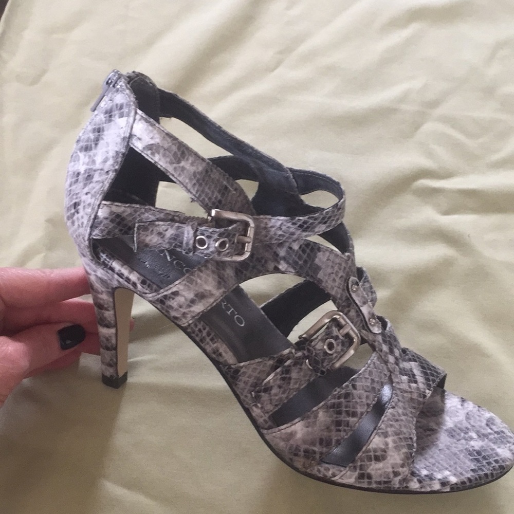 Franco Sarto Black and Gray Snake Print Sandals